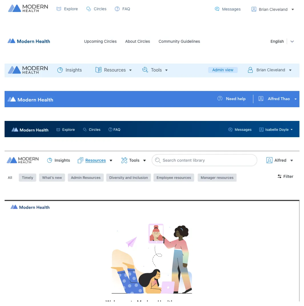 Stacked navigation bars from Member web, Circles, Admin, Provider, a proposed Pathways experience, proposed Admin updates, and a logged-out Member home, each with different layout, color, and links.
