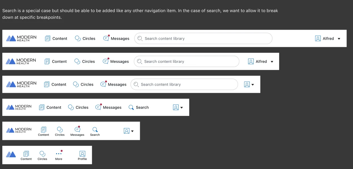 Six versions of the Modern Health navigation bar from wide to narrow, showing the search field shrinking to an icon and finally folding into a More menu.