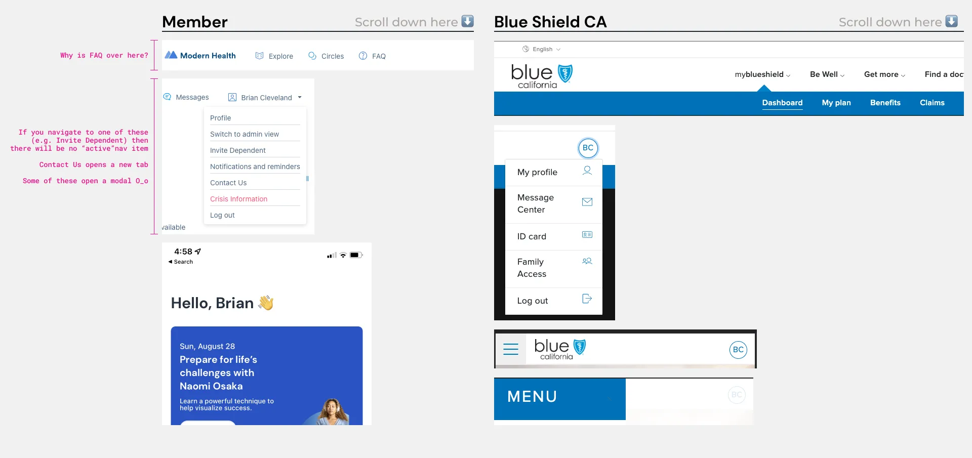 Annotated screenshots of Modern Health Member web and Blue Shield CA navigation, with notes on inconsistent menu placement and active-state behavior.