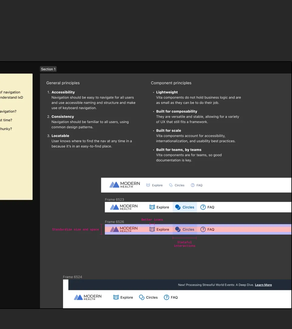 A design critique board with sticky notes and principles written next to navigation variants.