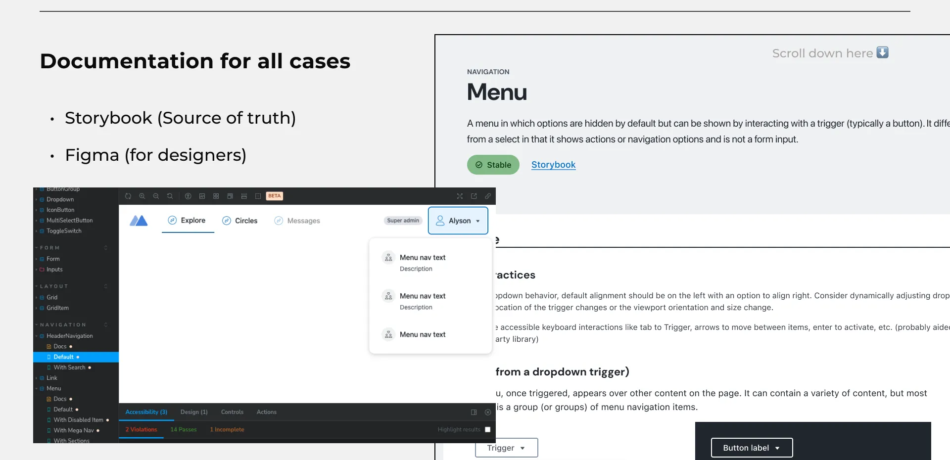Storybook documentation for the Menu component showing usage and best practices next to a code view.