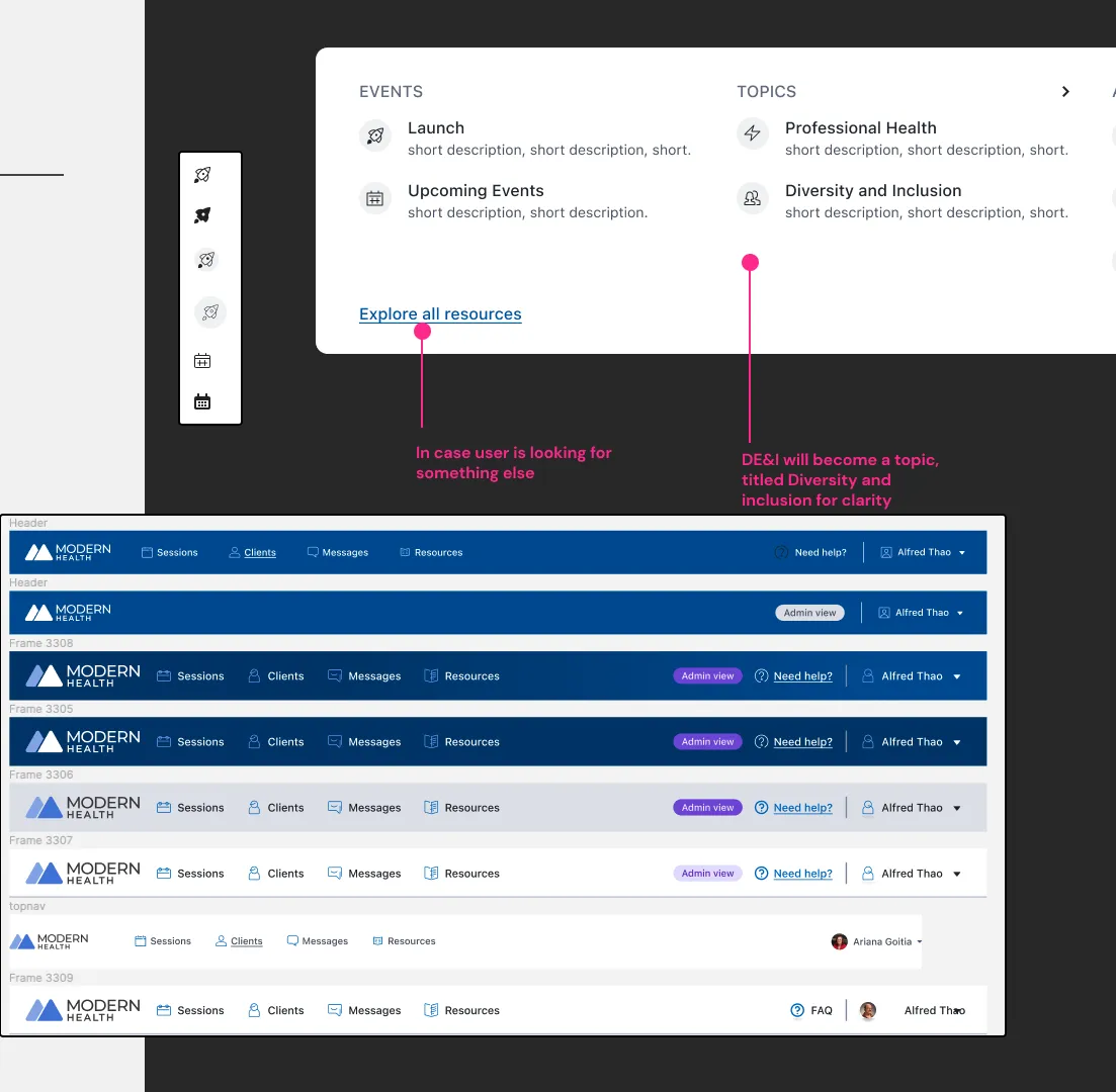 Iterations of the Provider and Admin header across several color, spacing, and badge treatments, next to an annotated resources menu.