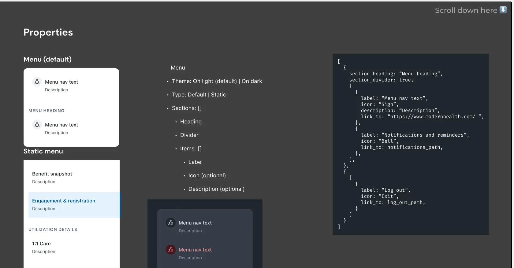 Component specification showing menu properties, theme and type options, and the JSON structure used to configure sections and items.