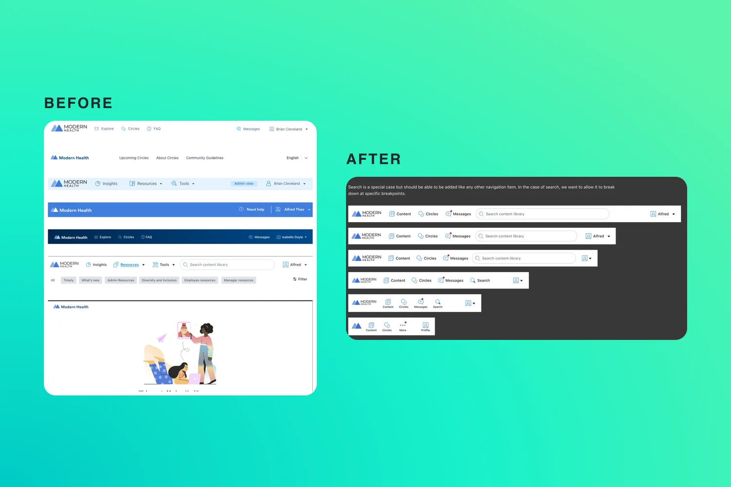 Before and after: seven different navigation bars on the left, and one responsive navigation system on the right.