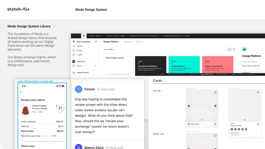 Collage of the Mode Design System library in Figma: the file browser with Foundational Notions, Kufak patterns, and Helper components, plus a card component spec and a design review thread.